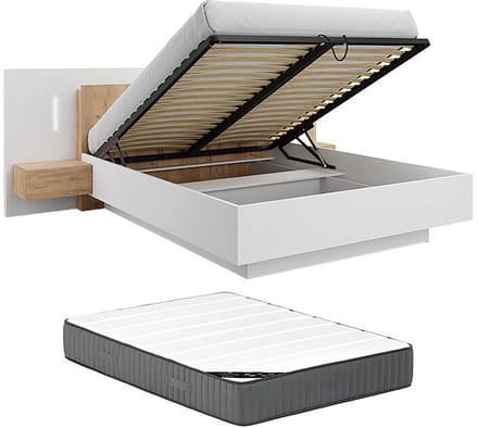 Vente-unique Bed met opbergruimte hout natuurlijk licht, wit 160 x 200 cm