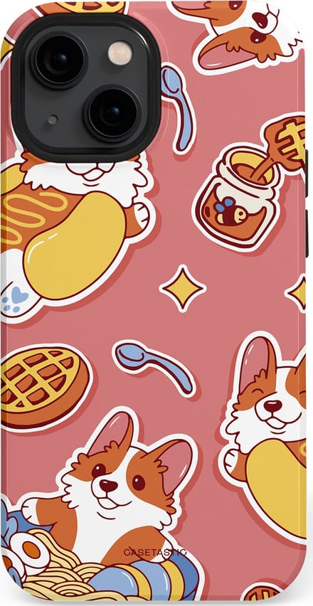 Casetastic hoesje geschikt voor Apple iPhone 13 mini - MagSafe - Dubbellaagse bescherming - Corgi snacks - Fashion Case - Koraal Terracotta Lichtgrijs Goud