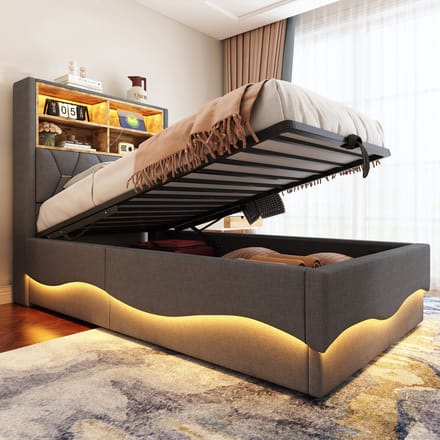 REDOM Opbergbed 90x200 cm – Linnen – Hydraulisch – LED & USB – Kinderbed – Grijs – 150 kg