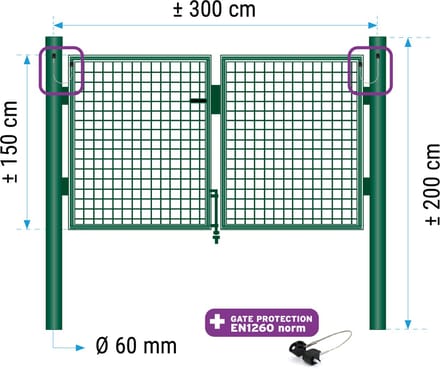 Dubbele poort 150 cm (hoogte) 2 vleugels van 150cm (lengte) RAL 6005 groen