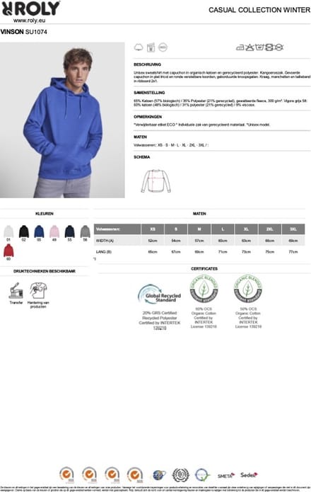 Roly Vinson Organic Hooded Sweatshirt RY1074 - Black 02 - M
