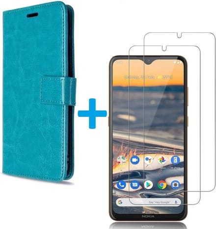Bookcase Geschikt voor: Nokia 1.3 - Turquoise - portemonnee hoesje met 2 stuks Glas Screen protector