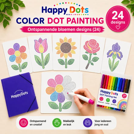 HappyDots Color DOT Painting set Bloemen - 24 designs + stiften set + opbergmap