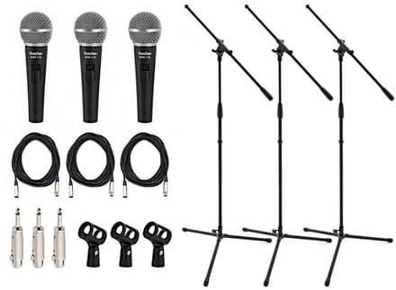 SubZero SZM-11S Dynamic Vocal Microphone with Switch, 3 Boom Stand Pack