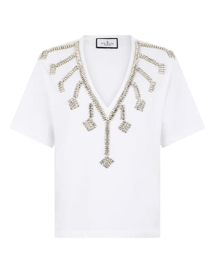 V-Neck T-Shirt Crystal Fringes