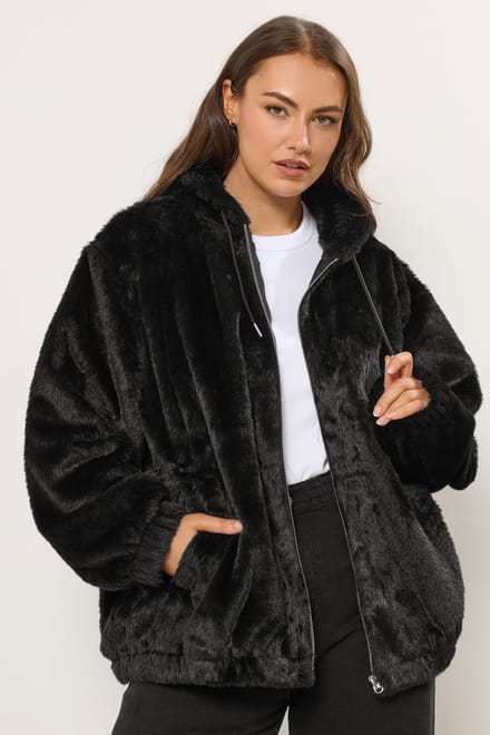 Yours Curve Zwarte Faux Fur Capuchonjas Size 48