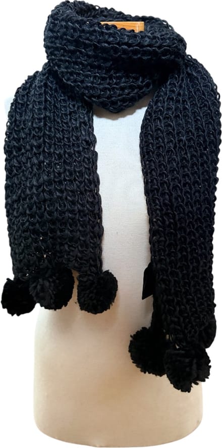 sjaal - dames - gebreid - zwart - met ponpon - 150cm lang en 20cm breed