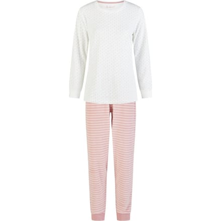 By Louise Dames Winter Pyjama Set Lang Badstof Wit/Roze Gestreept - Maat S