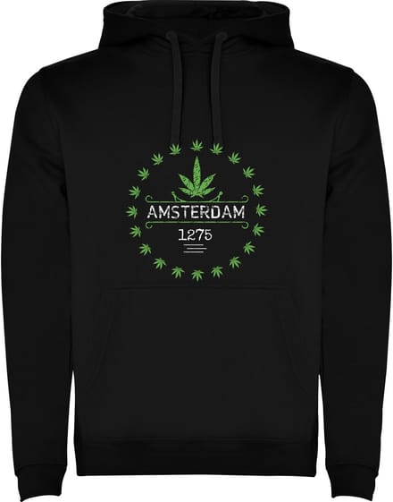 Zwarte Hoodie Amsterdam 1275 met Wietblad in cirkel - Happy City Maat M