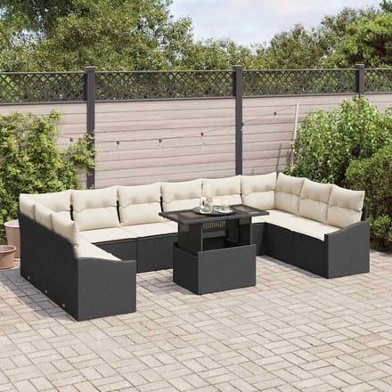 vidaXL - Bankstel - 11 - st - Zwart - en - Crème - poly - rattan