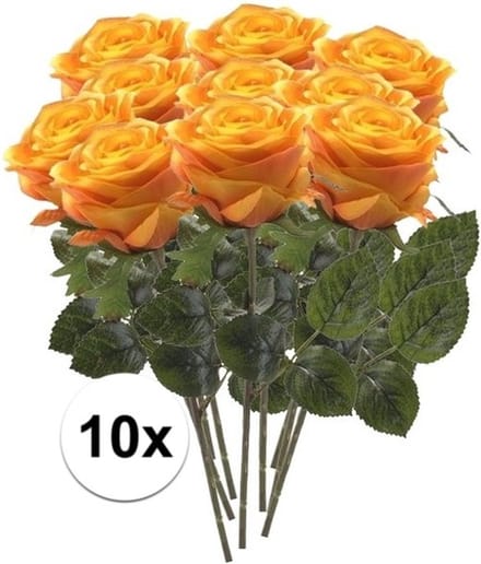 Emerald Kunstbloem roos Simone - 10x - geel/oranje - 45 cm - decoratie bloemen