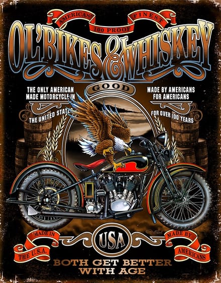 Ol' Bikes & Whiskey . Metalen wandbord 31,5 x 40,5 cm.