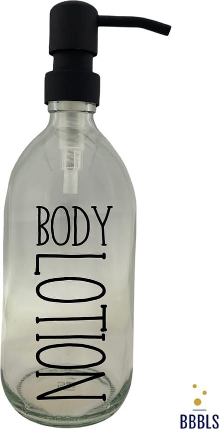 BBBLS® Design Dispenser "Bodylotion" | Transparant Glas | 500ml | RVS / Metaal Pomp Zwart | Zeeppomp | Zeepdispenser | Zeephouder