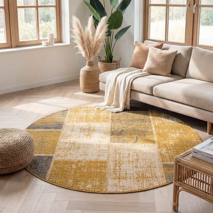 Fraai Rond patchwork vloerkleed - Spring Okergeel/Taupe - Ø 100cm