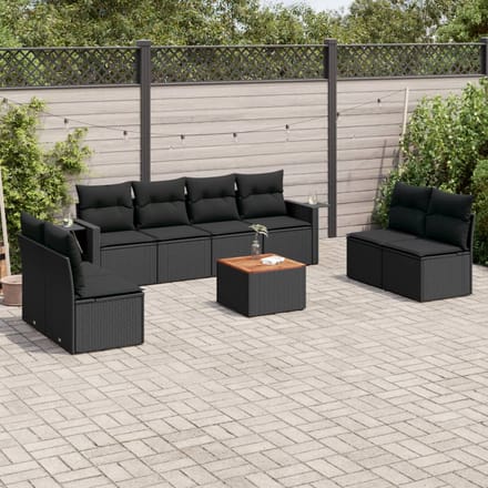 vidaXL - 9-delige - Loungeset - met - kussens - poly - rattan - zwart