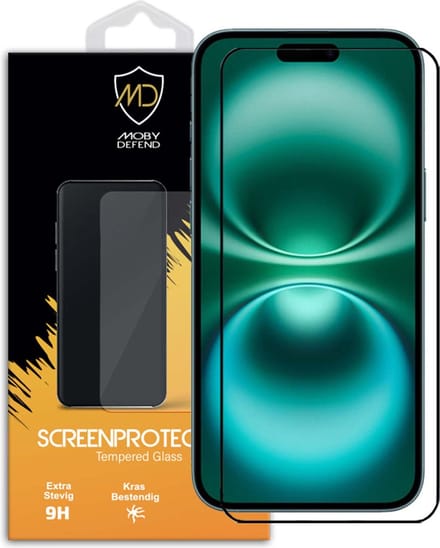 MobyDefend Screenprotector - Geschikt voor iPhone 16 Plus - Screensaver Met Zwarte Randen - Gehard Glas