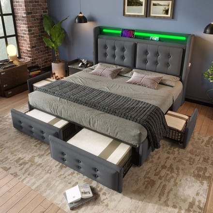 MODFU Bedframe 160x200 cm – Grijs katoen-linnen met 4 lades & LED – Laadstation