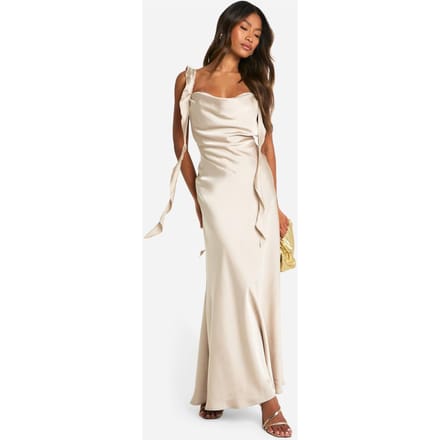 boohoo Dames Satijn Maxi-Jurk met Franje Bandjes | Champagne | Maat: 18