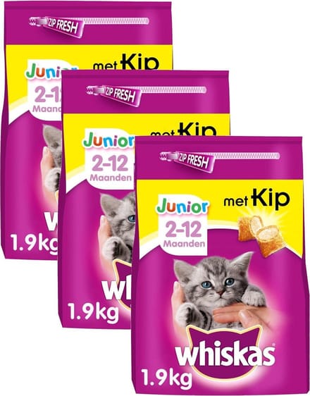 Whiskas Brokjes Junior - Kip - Kattenvoer - 3 x 1.9 kg