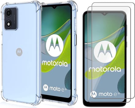 Hoesje geschikt voor Motorola Moto E13 - 2x Screen Protector GlassGuard - Back Cover Case ShockGuard Transparant & Screenprotector