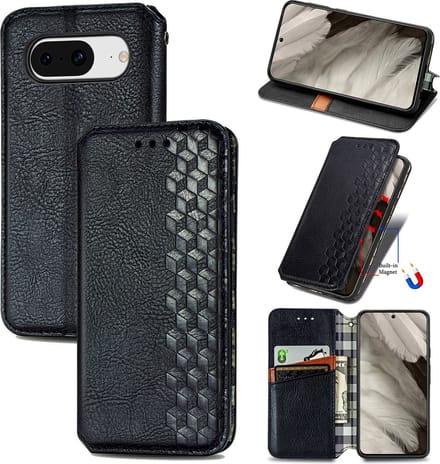 Luxe PU Lederen Ruitpatroon Wallet Case + Glas Screenprotector voor Pixel 8 _ Zwart
