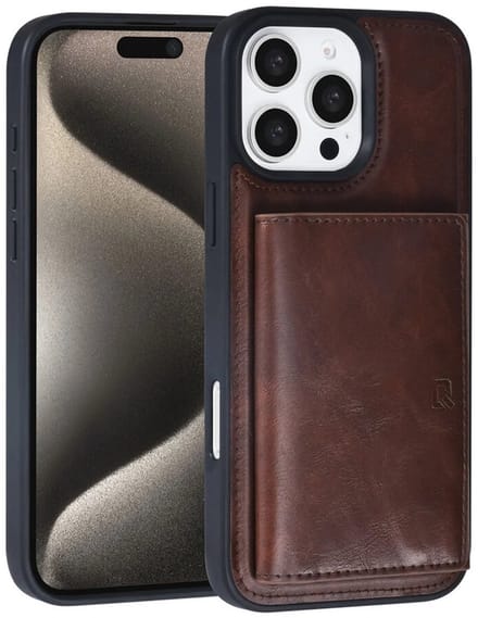 Hoesje met Pasjeshouder - Geschikt voor iPhone 16 Pro Max - Backcover met afneembare Pasjeshouder - Bruin