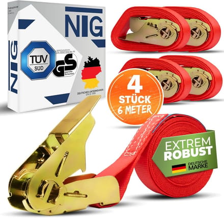 Pack of 4 ratchet lashing straps, 800 kg, 6 m, TÜV/GS tested, 25 mm