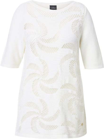 Ulla Popken - Dames - Trui bloemen boothals halve mouwen - Sneeuwwit - Maat 46+
