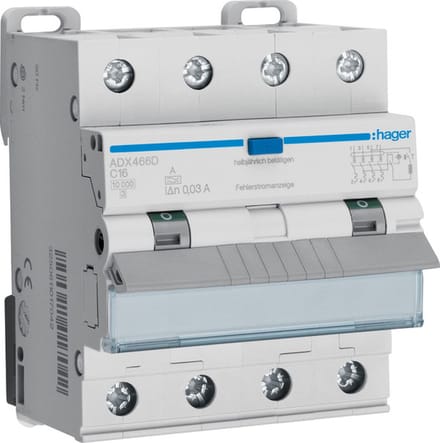 Hager Aardlekautomaat ADX466D FI-LS 4P 10kA C-16A 30mA