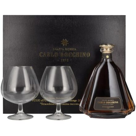 Carlo Bocchino Grappa Riserva 43% Vol. 0,7l in geschenkverpakking met 2 Bril