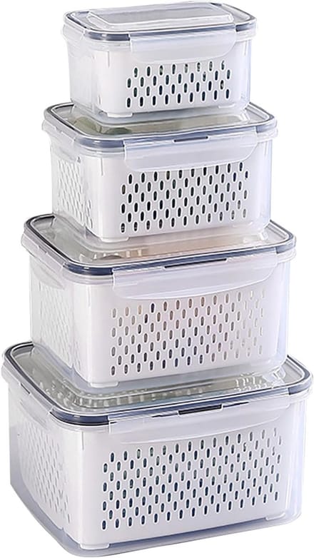 Koelkastorganizer, vershouddozen set met deksel en scheidbare zeef, vershouddozen voor fruit, groenten, salade, bessen, eieren, aardappelopslag