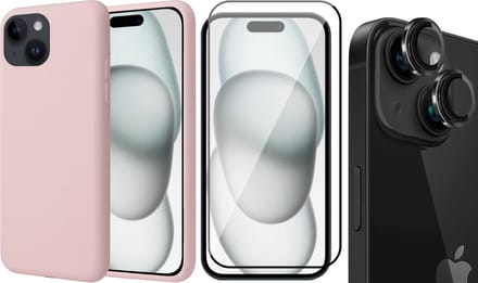 Hoesje geschikt voor iPhone 15 Plus - Screenprotector FullGuard & Camera Lens Screen Protector Zwart - Back Cover Case SoftTouch Roze