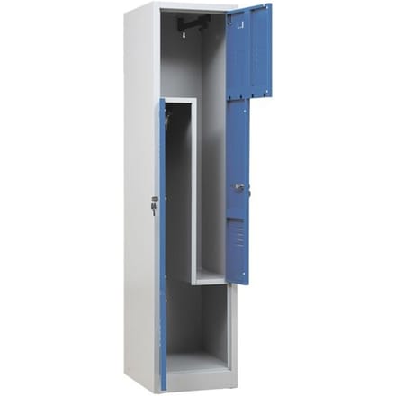 Kledinglocker, 2 compartimenten, met fitting, 2 vakken, z-deuren, cilinderslot, lichtgrijs/gentiaanblauw