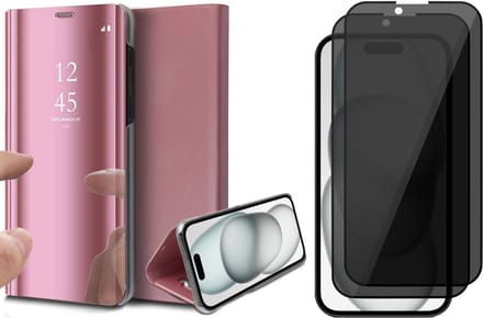Hoesje geschikt voor iPhone 15 Plus - 2x Privacy Screen Protector FullGuard - Book Case Spiegel Roségoud & Screenprotector
