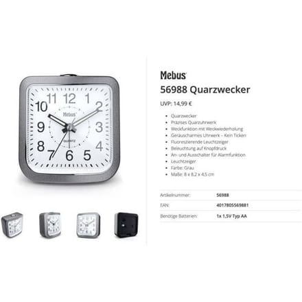 Mebus 56988 Wekker Kwarts Grijs