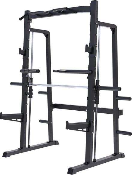 Gorilla Sports Smith Machine met Half Rack - Max. 300 kg Belastbaar - Optrekstang & Halterhouders - Voor Squats, Pull-ups & Halteroefeningen - Zwart