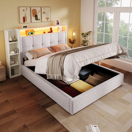 MODFU Bedframe 90x200 cm – beige linnen – met LED, USB/Type-C en hydraulische opbergruimte