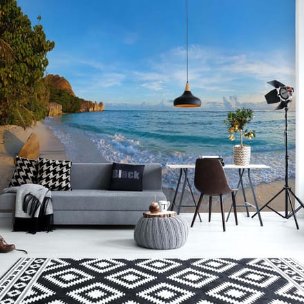 Fotobehang - Vlies Behang - Uitzicht op de Blauwe Zee vanaf het Strand - 368 x 254 cm