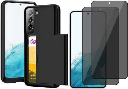 Hoesje met Pasjeshouder geschikt voor Samsung Galaxy S22 Plus - 2x Privacy Screen Protector FullGuard - Back Cover SlideCase Zwart & Screenprotector