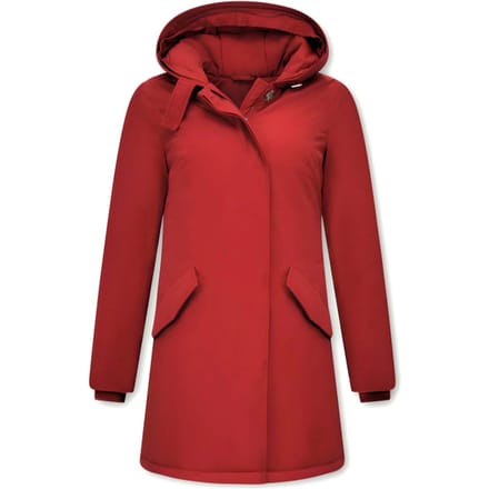 Gewatteerde Jas Dames - Lange Winterjas Dames met Capuchon - Getailleerde Slim Fit Jas - Winterjas Dames Waterdicht - 280 - Rode Jas