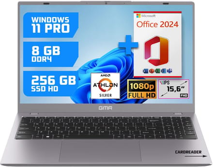GMR 15.6" Full HD Laptop - 8GB RAM / 256GB SSD - AMD Athlon Silver - Win 11 Pro + Office 2024 - Thuis, Office & Studie