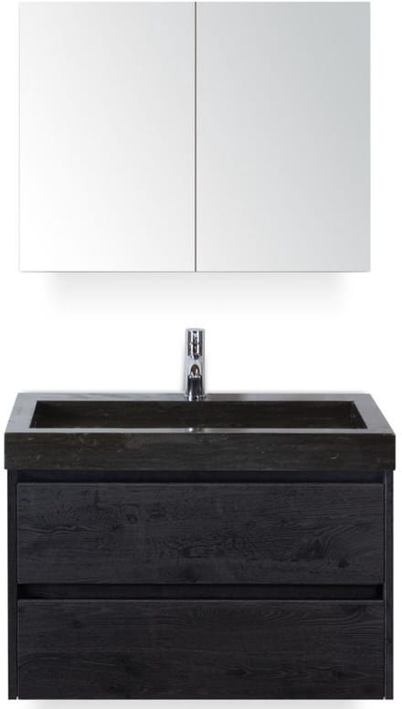 Dante Badmeubelset 80 cm - Black Oak - Wastafel Hardsteen Wit Lucca met Spiegelkast