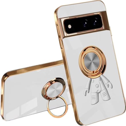 Case met Electroplating Patroon voor Google Pixel 7 - Schokbestendige siliconen bumperhoes met ringstand - Wit