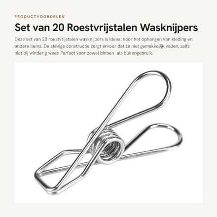 Dailygoods - Set van 20 Roestvrijstalen Wasknijpers voor Kleding