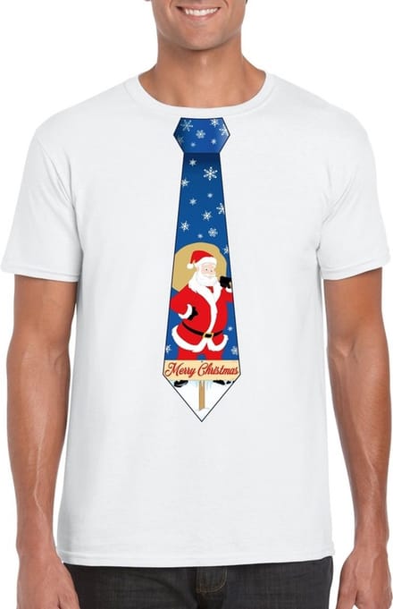 Foute Kersttrui t-shirt - voor heren - wit - met stropdas kerstman print - kerstdiner kleding - korte mouwen XL