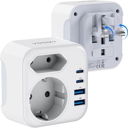 Voomy Reisstekker Engeland/UK - Met 2 Stopcontacten & 4 USB - Wereldstekker Type G - USB-C & USB-A - Wit