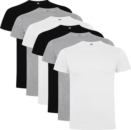6 Pack Roly Atomic Basic T-Shirt 100% biologisch katoen Ronde hals Wit, Grijs, Zwart Maat M