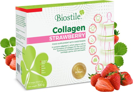 Biostile – Collageen Aardbei – 5 Bronnen van Gehydrolyseerd Collageen – Vitamine C – 30 Zakjes