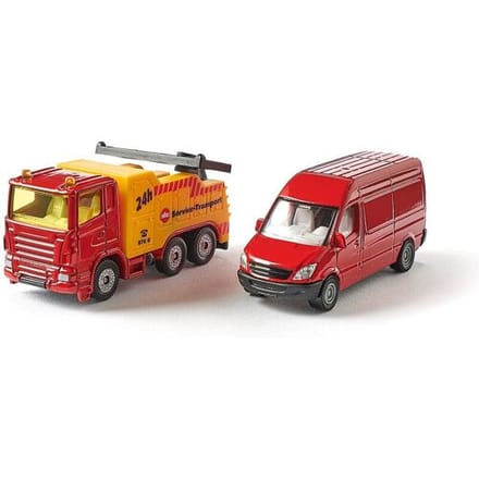 Siku caravan speelgoedvoertuig met sleepwagen - rood/geel, 17,8 cm