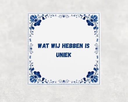 Spreuk tegel 15x15 cm Wat wij hebben is uniek